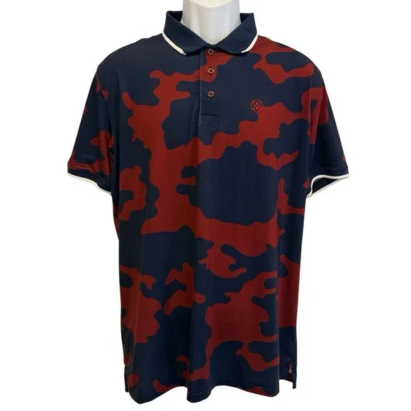 G Fore Men Polo Shirt L Burgundy Navy Camo Performance Stretch Golf Luxe